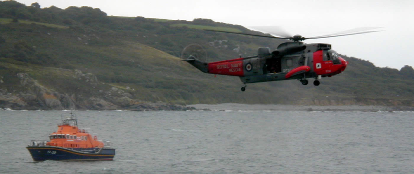 Falmouth lifeboat & RNAS Culdrose Sea King Search and Rescue helicopter at 2004 Coverack Lifeboat Day
